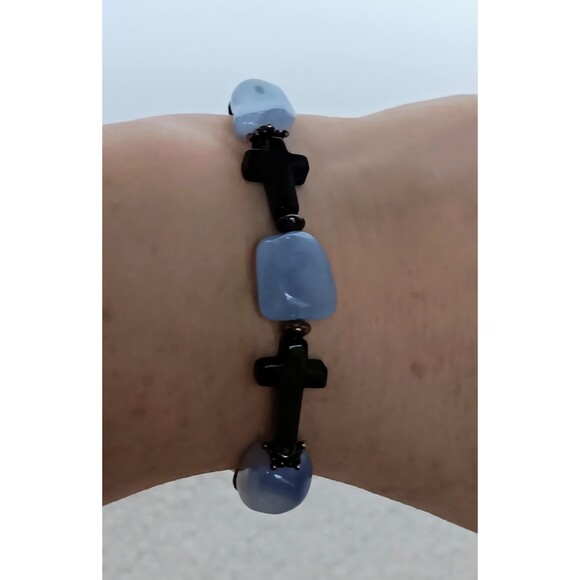 Artisan Sterling Silver Blue Lace Agate & Black Onyx Cross Bracelet 7.5 in - Picture 9 of 11